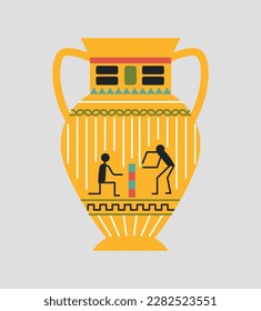 Egyptian vase concept. Archeology and paleontology. Artifact or fossil with traditional African patterns. Clay ancient golden crockery or amphora. Cartoon flat vector illustration