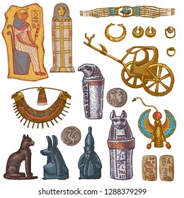 Egyptian vector ancient sarcophagus pharaoh jewelry sphinx cat statue of Egypt culture historical architecture in illustration set of archeology collection isolated on white background.