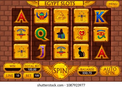 Egyptian vector background main interface and buttons for casino slot machine game, symbols egypt