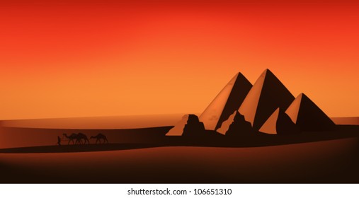 egyptian vector landscape - desert, pyramids and camels at the sunset