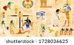 Egyptian vector papyrus with pharaoh elements: Ankh Scarab Sun. Ancient historical art. Egypt Mythology seamless pattern from Book of Dead.  Weighing of Heart by God Anubis - Osiris afterlife ritual