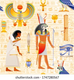 Egyptian vector seamless papyrus pattern with Falcon Horus God and pharaoh element - Ankh, Scarab, eye Wadjet, slave. Ancient historic art form Egypt with hieroglyph pattern background, old wallpaper