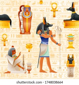 Patrón de papiro sin fisuras vectorial egipcio con Jackal Anubis God. Elementos del faraón - momia, frasco canópico, tumba de perro, esclavo. Antiguo arte histórico de Egipto con antecedentes de patrón jeroglífico, viejo muro