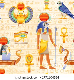 Egyptian vector seamless papyrus pattern. Ra Falcon Sun God and pharaoh element - Ankh, Scarab, eye Wadjet, boat. Ancient historic art form Egypt with hieroglyph pattern background, old wallpaper
