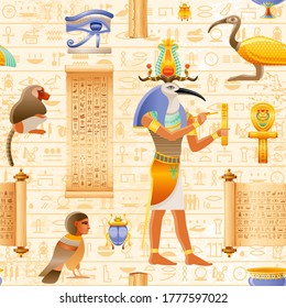 Egyptian vector seamless papyrus pattern with Thoth ibis God and pharaoh element - Ankh, eye Wadjet, papyrus scroll. Ancient historic art form Egypt with hieroglyph pattern background, old wallpaper