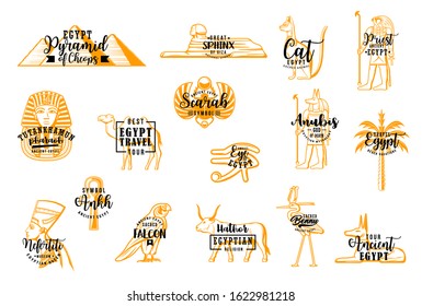 Egyptian vector travel icons. Pyramid of Cheops, Sphinx Giza, egyptian cat, priest. Tutankhamun and Scarab, Anubis and palms, ancient Horus and Hathor God, Nefertiti and ankh, sacred bennu