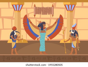 Maat, diosa alada egipcia, rodeada de deidades Horus y Thoth. Ilustración vectorial de dibujos animados. Dioses egipcios en el interior del antiguo templo, símbolos, jeroglíficos. Antiguo Egipto, historia, concepto de arte