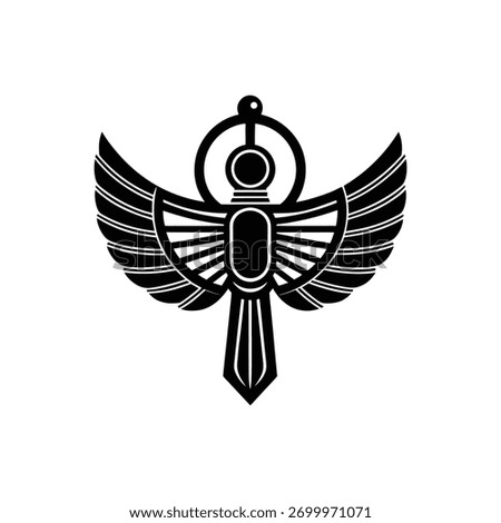 Egyptian Winged Sun Disk Amulet Icon Black and White