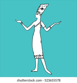 Egyptian woman in ancient dress. Sketch style illustration isolated on blue background. Nefertiti. Dance. Beautiful image for prints, textile, design, wrapping paper, scrapbooking.