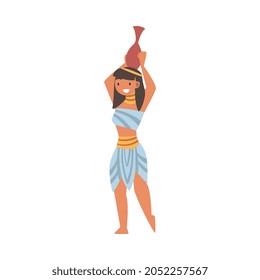Egyptian Woman Character Wearing Authentic Garment and Neck Collar Carrying Ceramic Vase on Her Head Vector Illustration