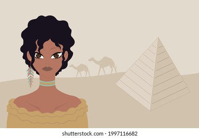 Egyptian woman in desert. Egyptian pyramid. Camel.