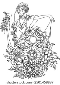 Egyptian Woman Floral Adult Mandala Coloring Page Zentangle intricate Relaxing Line Art