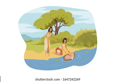 Egyptians find Moses, Bible concept. Two young egyptians find baby Moses, floating on river in little basket. Old Testament, biblical illustration in cartoon style. Vector flat design
