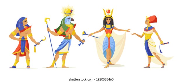 Egyptians myths heroes set. Pharaoh, god Ra, Cleopatra characters isolated on white. Vector illustrations for ancient Egypt culture, mythology, history concept