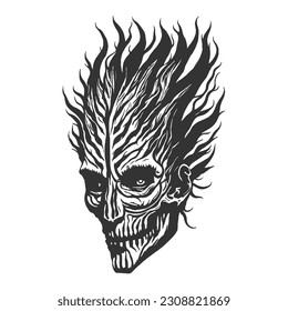 The Egyptian-themed mummy skull design for Halloween. This skull is adorned with flame hair, giving it an eerie look for Halloween celebrations