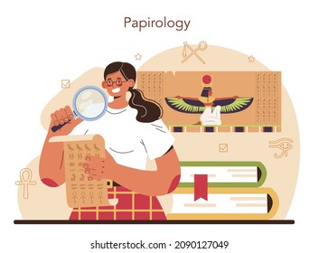 Egyptiology. Ancient Egypt papyrus, pyramid and culture study. Knowledge of an ancient civilization history. Archaeologist research. Flat vector illustration