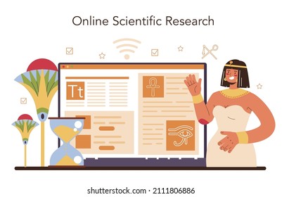Egyptiology online service or platform. Ancient Egypt papyrus, pyramid and culture study. Knowledge of a civilization history. Online research. Flat vector illustration