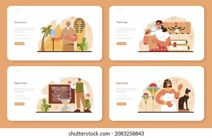 Egyptiology web banner or landing page set. Ancient Egypt papyrus, pyramid and culture study. Knowledge of an ancient civilization history. Archaeologist research. Flat vector illustration