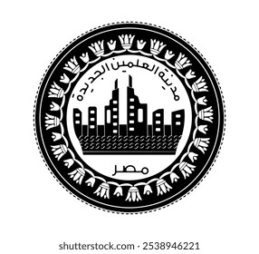 Egypt's coin 1 pound 2019 City of El Alamein. Obverse of Egyptian one pound coin in vector illustration. The coin is depicted in black and white.