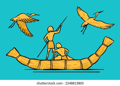 Pescador egipcio en bote de papiro con ilustración vectorial de estilo grúa y grabado de cigüeñas. Personajes históricos antiguos. Emblema pintado a mano. Perfecto para la identidad africana, anuncios de agencias de viajes.