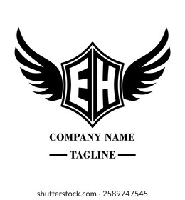 EH A bold winged shield emblem with customizable initials A-Z. Sleek black-and-white vector, perfect for branding, sports teams, motorcycle clubs, gaming,apparel and High-quality
