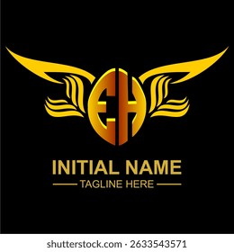 EH Golden Wing Emblem Logo with elegant gold wings, sleek and modern design. Ideal for branding, creative projects, luxury businesses, or artistic ventures.