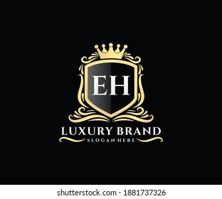 EH Initial Letter Gold calligraphic feminine floral hand drawn heraldic monogram antique vintage style luxury logo design.