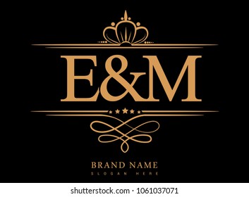 E&H Initial logo, Ampersand initial logo gold with crown and classic pattern