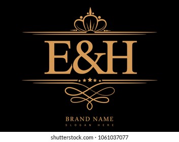 E&H Initial logo, Ampersand initial logo gold with crown and classic pattern