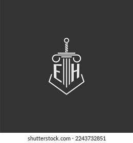 EH firma de ley monograma inicial con diseño de logo de espada y pilar