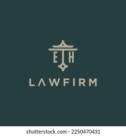 EH initials monogram logo with scale and pillar style design