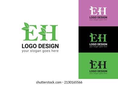 EH letters eco logo with leaf. Vector typeface for nature posters, eco friendly emblem, vegan identity, herbal and botanical cards etc. Ecology EH letters logo with green leaf.