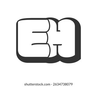 EH logo, bubble comic lettering, rounded in graffiti style black and white silhouette. Trendy preschool E and H letter text for festival party, personal initials, children funky print and web. 