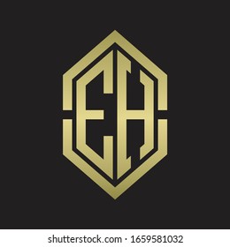 EH Logo monogram with hexagon shape and outline slice style with gold colors