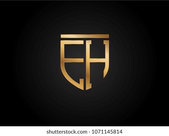 EH shield shape Letter Design in gold color