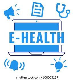 E-health. Flat vector concept illustration with megaphone, document, stethoscope, bulb and alarm icon on white background.