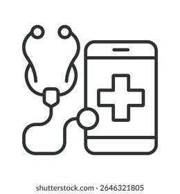 E-health, icon in line design. E-health, telemedicine, digital health, online doctor, remote healthcare, health app, virtual consultation on white background vector. E-health, editable stroke icon