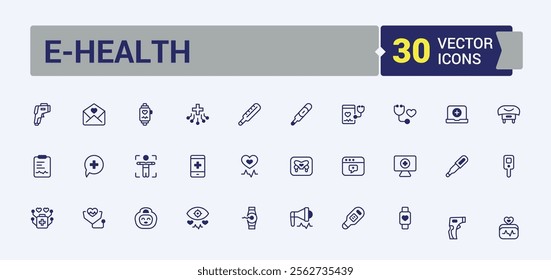 eHealth icons set in linear style. It contains symbols to mobile, computer, web, phone, electronic, wearable, smart, patient. Icons for UI. Outline and solid pictogram.