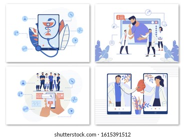 E-Health, Online Doctor Search or Telemedicine. Consultation via Internet. Mobile Application. Virtual Help Medical Diagnosis via Computer. Flat Cartoon Set. Vector Specialist Patients Illustration