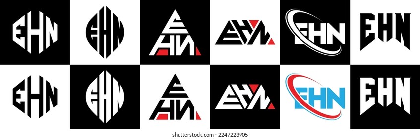 EHN letter logo design in six style. EHN polygon, circle, triangle, hexagon, flat and simple style with black and white color variation letter logo set in one artboard. EHN minimalist and classic logo
