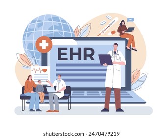 Ehr concept. Electronic medical record, doctor with laptop and info on screen. Healthcare, smart modern hospital technologies, kicky vector scene