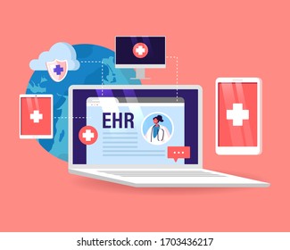 Ehr, Electronic Health Record Concept. Innovative Technologien in Gesundheitswesen und Medizin, Online-Bericht von Patienten an Ärzte über digitale Geräte. Notebook mit Info. Illustration zur Cartoon-Vektorillustration