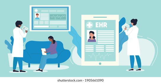 EHR Or Electronic Health Record Concept. Doctor Using Digital Smart Device To Read Patients Data Online. Modern Technologies In Hospital. Cartoon Flat Vector Illustration