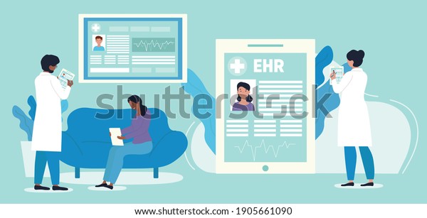EHR or\
electronic health record concept. Doctor using digital smart device\
to read patients data online. Modern technologies in hospital.\
Cartoon flat vector\
illustration