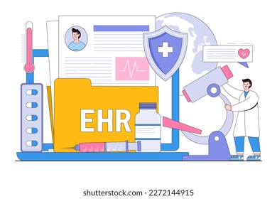 EHR - Electronic Health Record, elektronisch gespeicherte Patienteninformation mit ärztlichem Charakter. Rahmendesign-Stil minimale Vektorgrafik für Landing-Page, Heldenbilder.