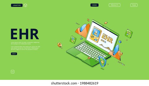 Ehr, Electronic Health Record Isometric Landing Page. Innovative Medicine Technology, Electronically Stored Information Database, Laptop With Patient Profile, Telehealth, 3d Vector Line Art Web Banner