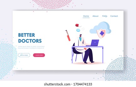 EHR, Electronic Health Record Landing Page Template. Doctor Character Using Digital Modern Technology in Hospital Smart Device to Read Health Information in Tablet Online. Cartoon Vector Illustration