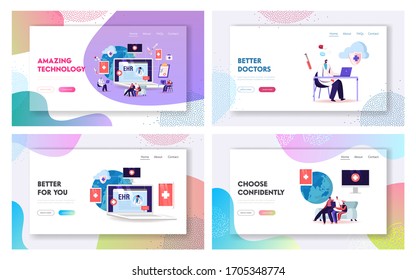 EHR, Electronic Health Record Landing Page Template Set. Patient Characters Insert Medical Data. Doctor Use Digital Smart Device to Read Report Online. Cartoon People Vector Vector Illustration