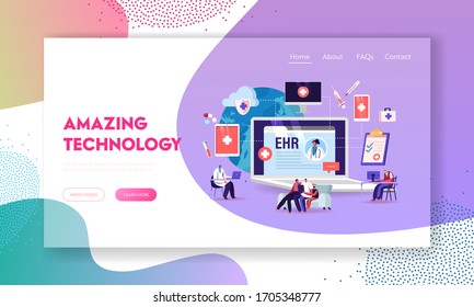 EHR, Electronic Health Record Landing Page Template. Patient Character Insert Medical Data In Tablet. Doctor Use Digital Smart Device To Read Report Online. Cartoon People Vector Vector Illustration