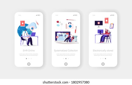 EHR, Electronic Health Record Mobile App Page Onboard Screen Template. People Use Modern Technology in Hospital Service. Characters Chatting with Doctor Online Concept. Cartoon Vector Illustration svg